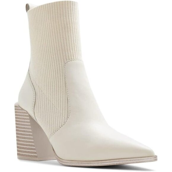 Women's White Chunky Stacked Heel Ankle Pointed Toe Slip On Knit Sock Boots
